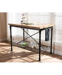 Baxton Studio YLX-5014 Perin Vintage Rustic Industrial Style Wood & Bronze-Finished Steel Multipurpose Kitchen Island Table