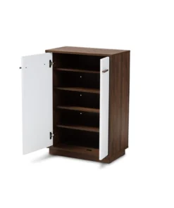 Baxton Studio LV3SC3150WI-Columbia-White-Shoe Cabinet Mette Mid-Century Modern Two-Tone White & Walnut Finished 5-Shelf Wood Entryway Shoe Cabinet