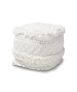 Baxton Studio Curlew-Ivory-Pouf Curlew Moroccan Inspired Ivory Handwoven Cotton Pouf Ottoman