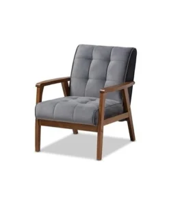 Baxton Studio TOGO-Grey Velvet-Walnut-CC Asta Mid-Century Modern Grey Velvet Fabric Upholstered Walnut Finished Wood Armchair