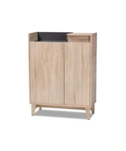 Baxton Studio SESC7008-Hana Oak-Shoe Cabinet Fella Mid-Century Modern Two-Tone Oak Brown & Dark Gray Entryway Shoe Cabinet with Lift-Top Storage Compartment
