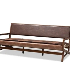 Baxton Studio Rovelyn-Dark Brown-Walnut-SF Rovelyn Rustic Brown Faux Leather Upholstered Walnut Finished Wood Sofa