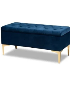 Baxton Studio WS-H68-GD-Navy Blue Velvet-Gold-Otto Valere Glam & Luxe Navy Blue Velvet Fabric Upholstered Gold Finished Button Tufted Storage Ottoman
