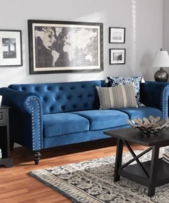 Baxton Studio Emma-Navy Blue Velvet-SF Emma Traditional & Transitional Fabric Upholstered Button Tufted Chesterfield Sofa; Navy Blue Velvet