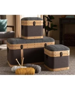 Baxton Studio R87R521-3PC Trunk Set Clarence Modern & Contemporary Transitional Fabric Upholstered Storage Ottoman; Dark Grey & Oak Brown - 3 Piece