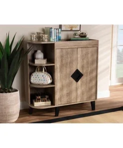 Wholesale Interiors Wales-Shoe Cabinet-Open Shelf Baxton Studio Wales Modern & Contemporary Rustic Oak Finished Wood 2-Door Shoe Storage Cabinet with Open Shelves