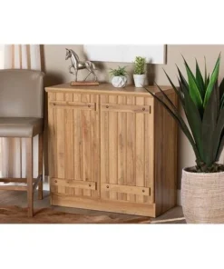 Wholesale Interiors PL-SC8040-Oak-Shoe Cabinet Sorina Farmhouse Natural Oak Brown Finished Wood 2 Door Shoe Cabinet