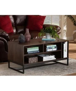 Wholesale Interiors CT8006-Walnut-CT Baxton Studio Flannery Modern & Contemporary Walnut Brown Finished Wood & Black Finished Metal Coffee Table