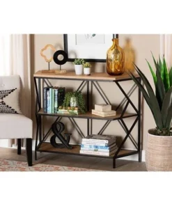 Wholesale Interiors JY20A158-Natural-Black-Console Baxton Studio Logan Modern Industrial Walnut Brown Finished Wood & Black Finished Metal 3-Tier Console Table