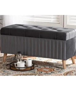 Wholesale Interiors HY2A19B046S-Grey Velvet-Otto Baxton Studio Hanley Grey Velvet Fabric Upholstered Wood Storage Ottoman; Walnut Brown
