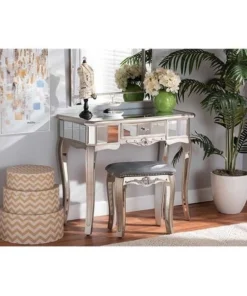 Baxton Studio JY13010-Silver-Console Elgin Contemporary Glam & Luxe Brushed Silver Finished Wood & Mirrored Glass 1-Drawer Console Table