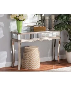 Baxton Studio JY16897-Silver-Console Elgin Contemporary Glam & Luxe Brushed Silver Finished Wood & Mirrored Glass Console Table