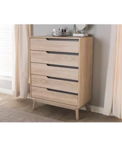Baxton Studio FLCOD00806-Hana Oak&Dark Grey-5DW-Chest Fella Mid-Century Modern Two-Tone Oak & Grey Wood 5-Drawer Chest