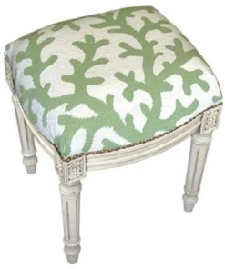 123 Creations C763WFS Coral in Green Needlepoint Stool in White Wash - 100 Percent Wool