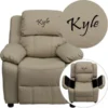 Flash Furniture BT-7985-KID-BGE-EMB-GG Personalized Deluxe Heavily Padded Beige Vinyl Kids Recliner with Storage Arms