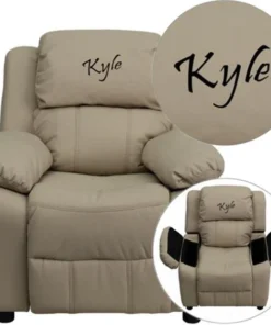 Flash Furniture BT-7985-KID-BGE-EMB-GG Personalized Deluxe Heavily Padded Beige Vinyl Kids Recliner with Storage Arms