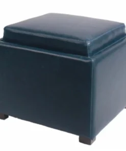 New Pacific Direct 113042B-V05 17 x 18 x 18 in. Cameron Square Bonded Leather Storage Ottoman with Tray; Vintage Blue