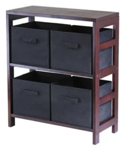 Winsome 92261 Capri 2 Section M Storage Shelf with 4 Foldable Black Fabric Baskets - Walnut and Black