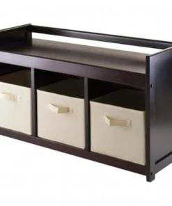 Winsome Trading 92701 Addison 4pc Storage Bench with 3 Foldable Fabric baskets in Beige - Espresso - Chocolate
