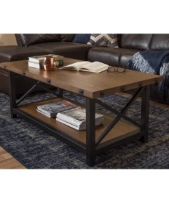 Baxton Studio CA-1117-CT Herzen Rustic Industrial Style Antique Black Textured Metal Distressed Wood Occasional Cocktail Coffee Table - 19 x 48 x 24 in.