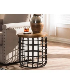 Baxton Studio CA-1123 Carie Rustic Industrial Style Antique Black Textured Metal Distressed Wood Accent Table - 17 x 15.7 x 15.7 in.