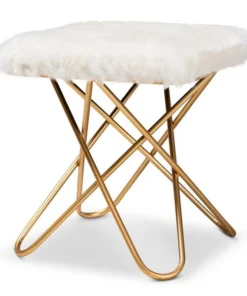 Baxton Studio Valle White Faux Fur Upholstered Gold Finished Metal Ottoman