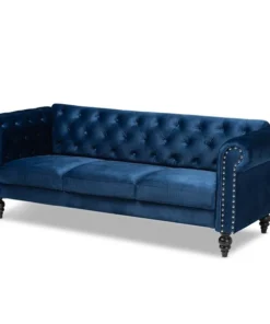 Baxton Studio Emma Navy Blue Velvet Upholstered and Button Tufted Chesterfield Sofa