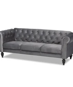 Baxton Studio Emma Grey Velvet Upholstered and Button Tufted Chesterfield Sofa