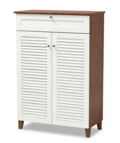 Baxton Studio Coolidge White and Walnut Wood 5-Shelf Shoe Cabinet with Drawer