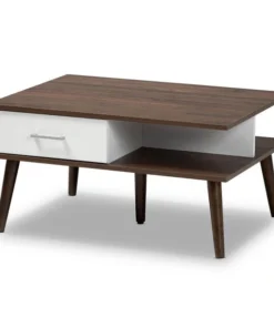 Baxton Studio Merlin Walnut and White Finished 2-Drawer Wood Coffee Table