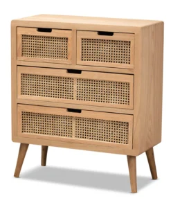 Baxton Studio Alina Mid-Century Oak Finished Wood and Rattan 4-Drawer Accent Chest