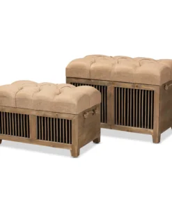 Baxton Studio Clement Beige Upholstered Oak Wood 2-Piece Storage Trunk Ottoman Set