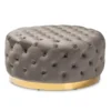 Baxton Studio Sasha Grey Velvet Upholstered Gold Finished Round Cocktail Ottoman