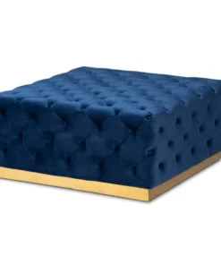 Baxton Studio Verene Blue Velvet Upholstered Gold Finished Square Cocktail Ottoman