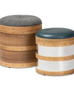 Baxton Studio Caleb Grey and Blue Upholstered 2-Piece Storage Ottoman Set