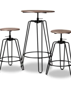 Baxton Studio Veera Walnut Finished Wood and Black Metal 3-Piece Adjustable Pub Set