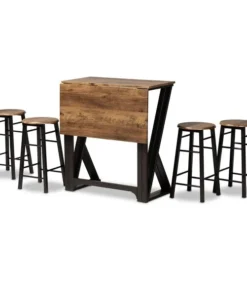 Baxton Studio Richard Wood and Black Metal 5-Piece Pub Set with Extendable Tabletop