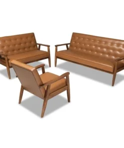 Baxton Studio Sorrento Mid-Century Modern Tan Faux Leather and Walnut Brown Finished Wood 3-Piece Living Room Set