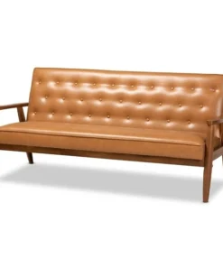 Baxton Studio Sorrento Mid-Century Modern Tan Faux Leather and Walnut Brown Finished Wood Sofa
