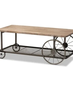 Baxton Studio Terence Natural Finished and Black Finished Metal Wheeled Coffee Table