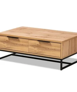 Baxton Studio Franklin Modern Oak Brown Finished Wood and Black Finished Metal 2-Drawer Coffee Table