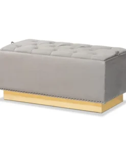 Baxton Studio Powell Glam and Luxe Grey Velvet Fabric and Gold PU Leather Storage Ottoman