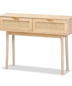 Baxton Studio Baird Mid-Century Modern Light Oak Brown Finished Wood and Rattan 2-Drawer Console Table