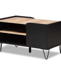 Baxton Studio Lilith Modern Two-Tone Black and Oak Brown Finished Wood and Metal 3-Tier Coffee Table