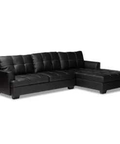 Baxton Studio Dobson Black Leather Sectional Sofa with White Stitching
