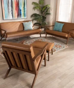 Baxton Studio Bianca Mid-Century Modern Walnut Brown Finished Wood and Tan Faux Leather 4-Piece Living Room Set