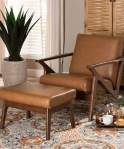 Baxton Studio Bianca Mid-Century Modern Wood and Tan Faux Leather 2-Piece Lounge chair and Ottoman Set