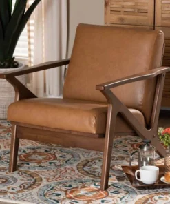 Baxton Studio Bianca Mid-Century Modern Walnut Brown Finished Wood and Tan Faux Leather Effect Lounge Chair