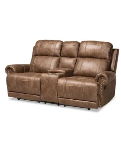 Baxton Studio Buckley Modern and Contemporary Light Brown Faux Leather 2-Seater Reclining Loveseat with Console