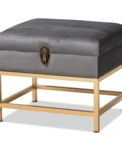 Baxton Studio Aliana Glam and Luxe Grey Velvet Fabric and Gold Finished Metal Small Storage Ottoman